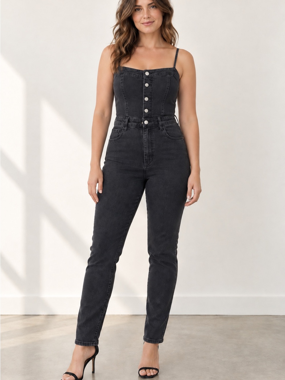 High-Rise Black Denim Jumpsuit with Button Front and corset back size S
